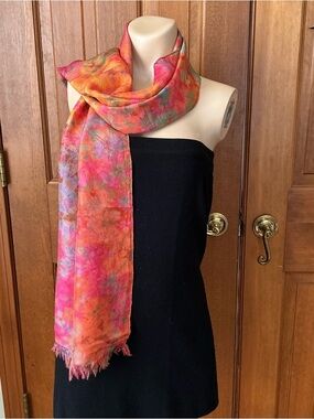 100% silk Vibrant Multicolor tie dye look with fringe ends- Women's Accessory